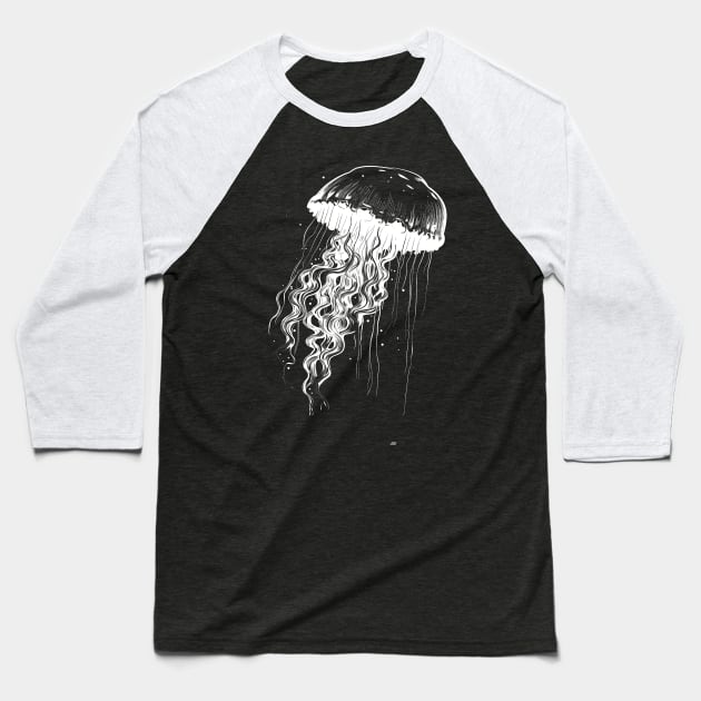 Jellyfish white on black - Jellyfish motif Baseball T-Shirt by Unelmoija